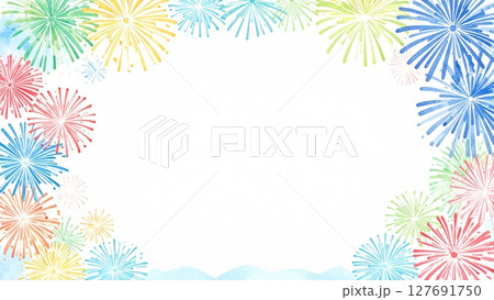 夏の打ち上げ花火のフレーム 水彩手描き風 背景素材 16:9サイズ AI生成素材 夏の打ち上げ花火のフレーム 水彩手描き風 背景素材 16:9サイズ AI生成素材 127691750