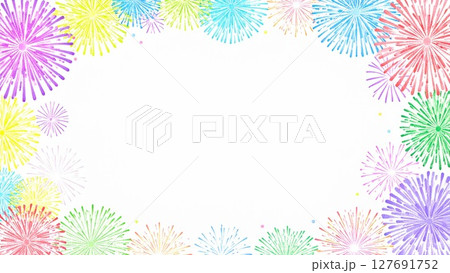 夏の打ち上げ花火のフレーム 水彩手描き風 背景素材 16:9サイズ AI生成素材 127691752