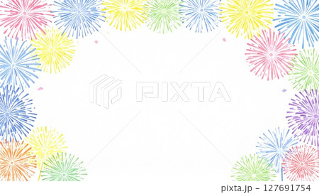 夏の打ち上げ花火のフレーム 水彩手描き風 背景素材 16:9サイズ AI生成素材 127691754