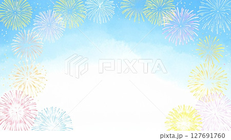 夏の打ち上げ花火のフレーム 水彩手描き風 背景素材 16:9サイズ AI生成素材 夏の打ち上げ花火のフレーム 水彩手描き風 背景素材 16:9サイズ AI生成素材 127691760