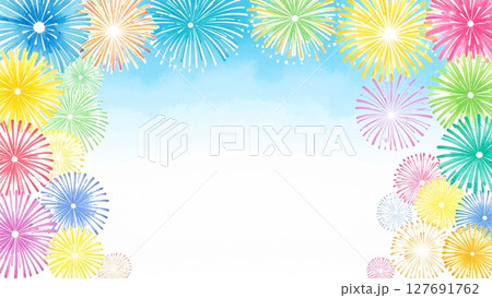 夏の打ち上げ花火のフレーム 水彩手描き風 背景素材 16:9サイズ AI生成素材 127691762
