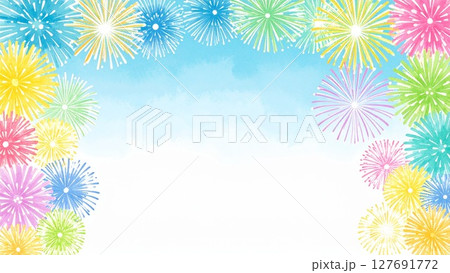夏の打ち上げ花火のフレーム 水彩手描き風 背景素材 16:9サイズ AI生成素材 夏の打ち上げ花火のフレーム 水彩手描き風 背景素材 16:9サイズ AI生成素材 127691772