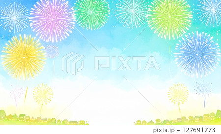 夏の打ち上げ花火のフレーム 水彩手描き風 背景素材 16:9サイズ AI生成素材 夏の打ち上げ花火のフレーム 水彩手描き風 背景素材 16:9サイズ AI生成素材 127691773