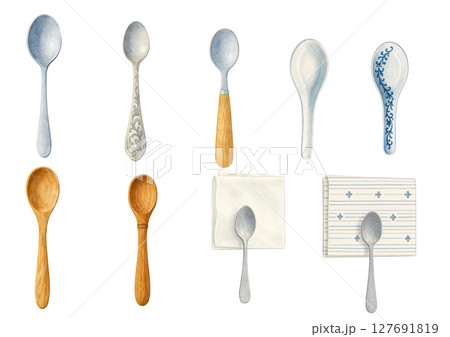 いろいろなスプーンのセット素材の水彩イラスト（木製・金属・陶器・カトラリー） 127691819