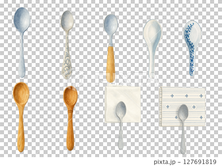Watercolor illustration of a set of various spoons (wooden, metal, ceramic, cutlery) 127691819