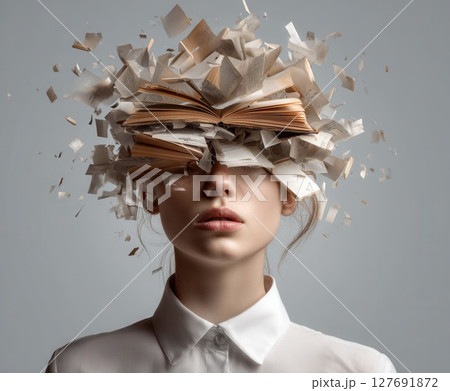 Woman with open book covering eyes and exploding pages representing knowledge 127691872