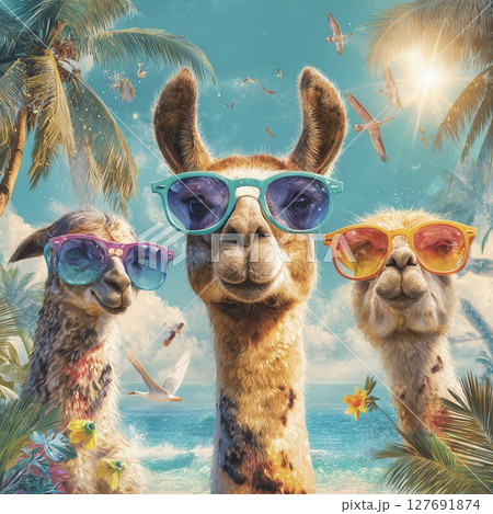 Llamas wearing sunglasses enjoying tropical beach vacation 127691874