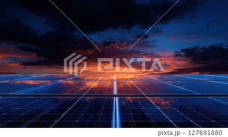 Solar panels generating clean energy under dramatic sunset sky Solar panels generating clean energy under dramatic sunset sky 127691880