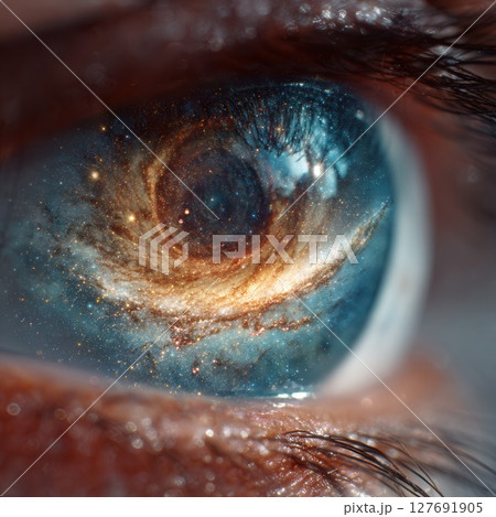 Eye reflecting spiral galaxy, exploring the universe within 127691905