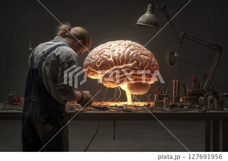 Technician repairing glowing artificial brain in workshop 127691956