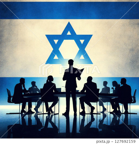 【イスラエル政治・外交】国旗を背景に会談するビジネス/政治家（シルエットのイラスト） 127692159