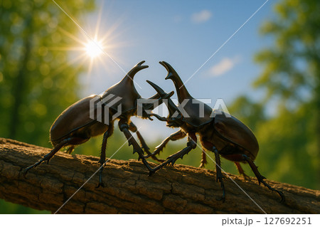 ケンカしているカブトムシ 127692251
