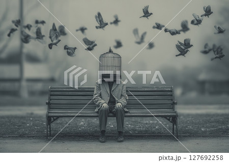 Lonely man with birdcage on head sitting on bench while birds are flying 127692258