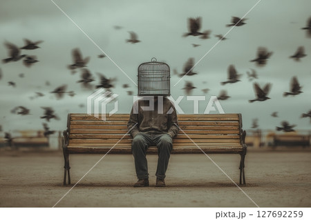 Lonely man sitting on bench with birdcage on head and birds flying around 127692259