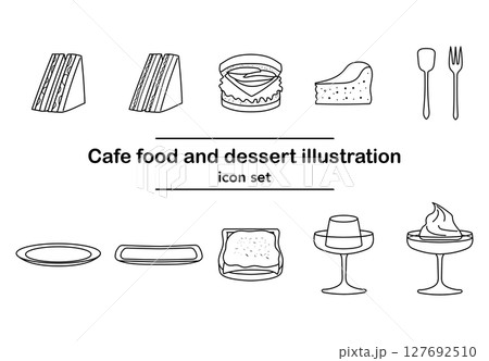 カフェの軽食とデザートのシンプルな線画アイコンセット｜サンドウィッチ,チーズケーキ,プリン,トースト 127692510