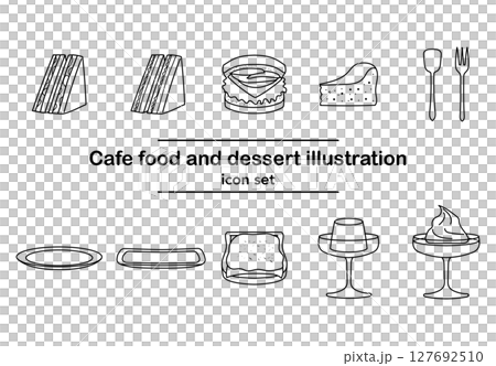 カフェの軽食とデザートのシンプルな線画アイコンセット｜サンドウィッチ,チーズケーキ,プリン,トースト 127692510