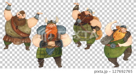 Set of four cheerful Vikings in helmets on a white background Set of four cheerful Vikings in helmets on a white background 127692765