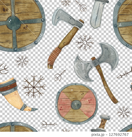 Seamless pattern with wooden shields, axes, swords and runes 127692767