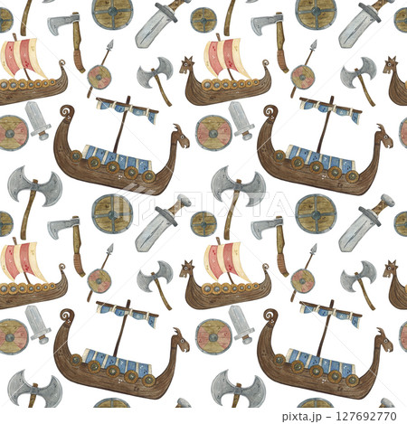 Seamless pattern with wooden shields and ships, axes, swords 127692770