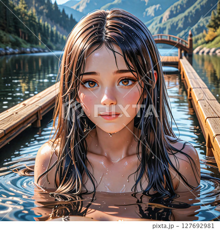 Portrait of a wet brunette. Girl swimming in the lake. Close-up of the face. 127692981