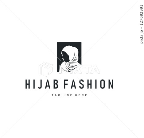 women fashion concept with a simple minimalist hijab logo with a black silhouette as a symbol of beauty and a poster template illustration 127692991