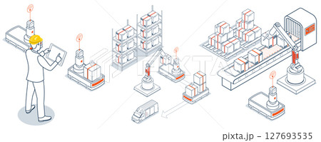 Isometric illustration of a warehouse automation system. A variety of automated guided vehicles AGVs and robotic arms. 127693535