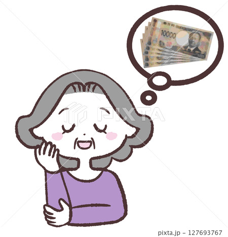お金のことを考えて笑顔になるシニア女性のイラスト お金のことを考えて笑顔になるシニア女性のイラスト 127693767