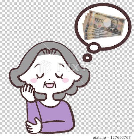 お金のことを考えて笑顔になるシニア女性のイラスト お金のことを考えて笑顔になるシニア女性のイラスト 127693767
