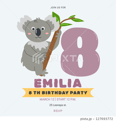 Invitation childrens birthday party with cute koala and number. Celebration eighth birthday. Greeting card template for children. Vector illustration. 127693772