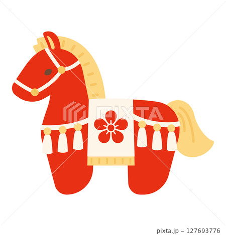 午の縁起物の赤い神馬飾り|年賀状お正月素材イラスト 127693776