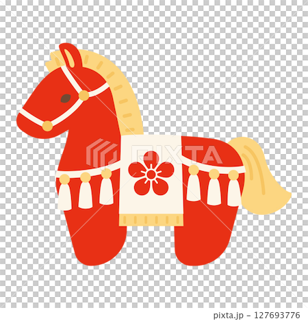 午の縁起物の赤い神馬飾り|年賀状お正月素材イラスト 127693776