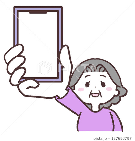 スマホを見せるシニア女性のイラスト スマホを見せるシニア女性のイラスト 127693797