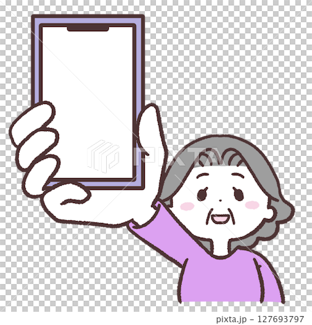 スマホを見せるシニア女性のイラスト スマホを見せるシニア女性のイラスト 127693797