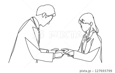名刺交換をしているビジネスシーンの線画イラスト 127693799