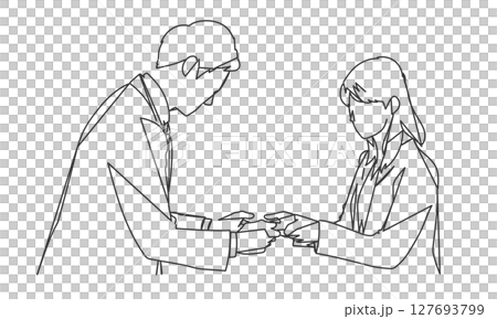 名刺交換をしているビジネスシーンの線画イラスト 127693799