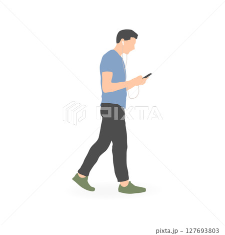 スマホを見ながら歩く若い男性 127693803