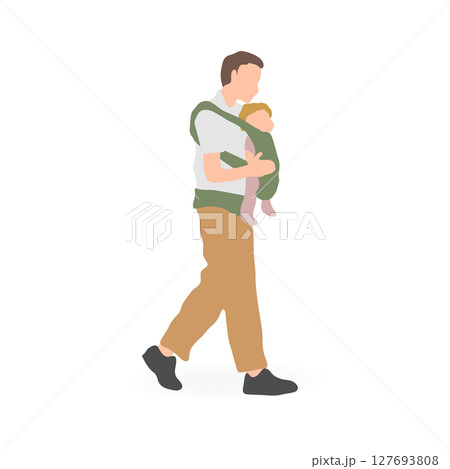赤ちゃんを抱えて歩く父親 赤ちゃんを抱えて歩く父親 127693808