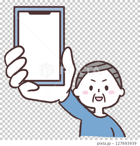 Illustration of a senior man showing his smartphone Illustration of a senior man showing his smartphone 127693939
