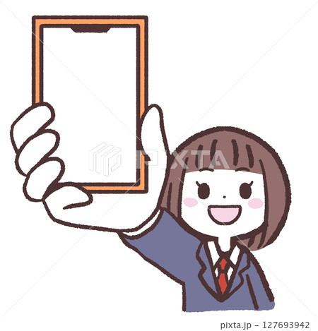 スマホを見せる女子学生のイラスト スマホを見せる女子学生のイラスト 127693942
