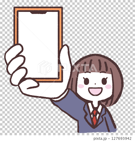 スマホを見せる女子学生のイラスト スマホを見せる女子学生のイラスト 127693942