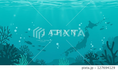 鮮やかな青緑色の水中シーンを描いたもので背景には日本の形 127694129