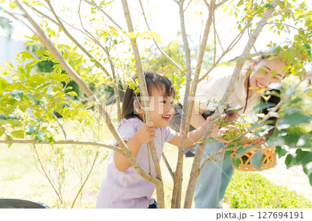 木の周りで遊ぶ女の子 127694191