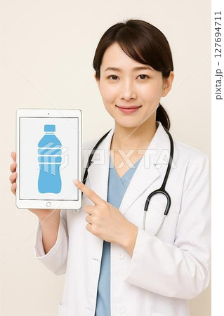 Heatstroke advice, タブレットで水分補給を促す日本人医師 127694711