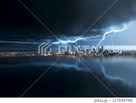 都市に落雷が落ちる瞬間のCG素材 127694766