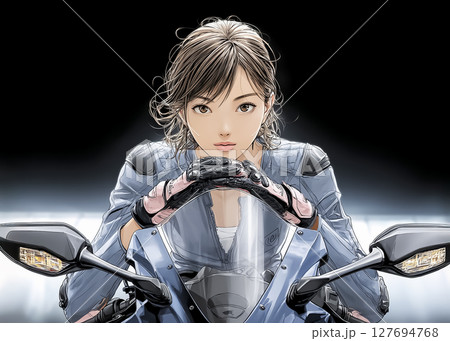 女性ライダーのアップのイラスト素材　黒バック 127694768