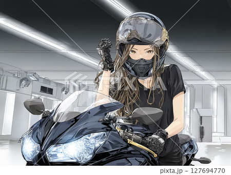 女性ライダーのアップのイラスト素材 車庫のイラスト素材 [127694770