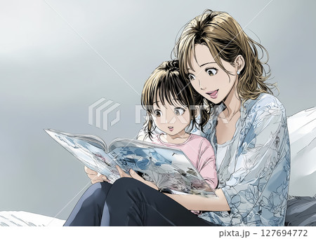 子供の読み聞かせをするママのイラスト素材 127694772