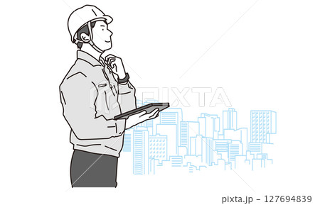 上を見る作業服を着た男性のイラスト素材 127694839