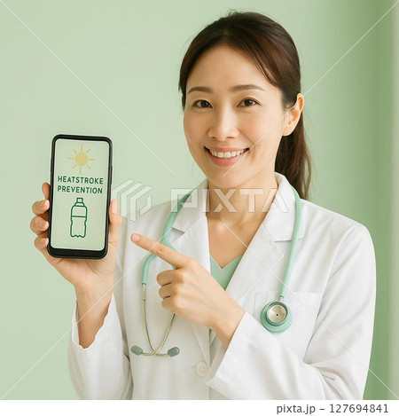 Trust building, スマホ画面で熱中症予防を伝える女性医師 Trust building, スマホ画面で熱中症予防を伝える女性医師 127694841
