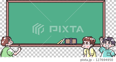一個簡單的黑板和孩子們在黑板前交談的插圖 127694950